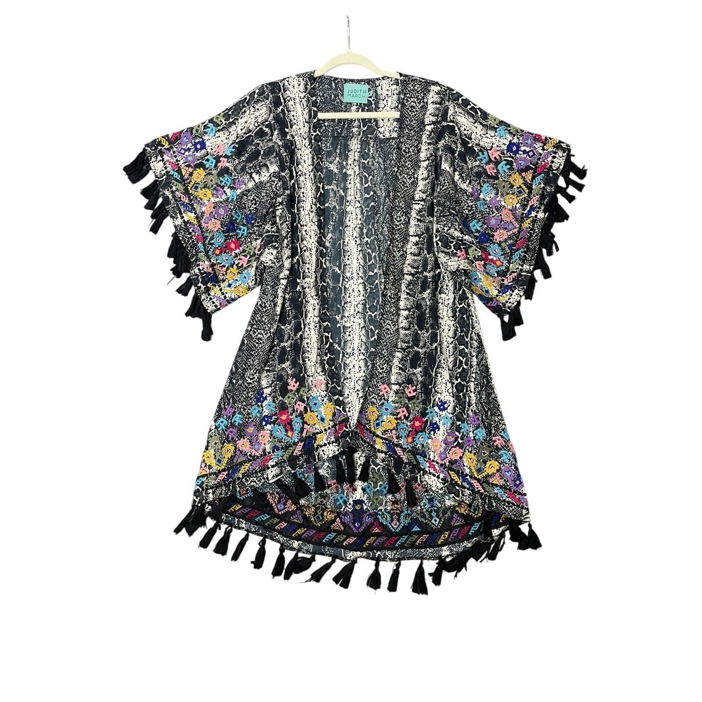 Judith‎ March Snakeskin Floral Embroidered Fringe Cardigan Kimono Medium Boho